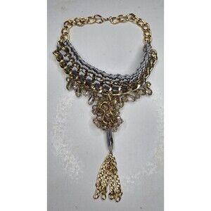 Grey and Gold Macrame Cord and Beaded Lariat Y Drop Style Necklace 19.5"L